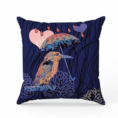 Bird with Umbrella Indoor/Outdoor Reversible Throw Pillow Blue and Orange