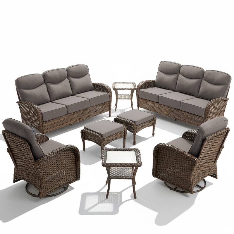 Meyreso 8-Piece Wicker Patio Conversation Set with Swivel Gliders and 6-Inch Thick Olefin Cushions