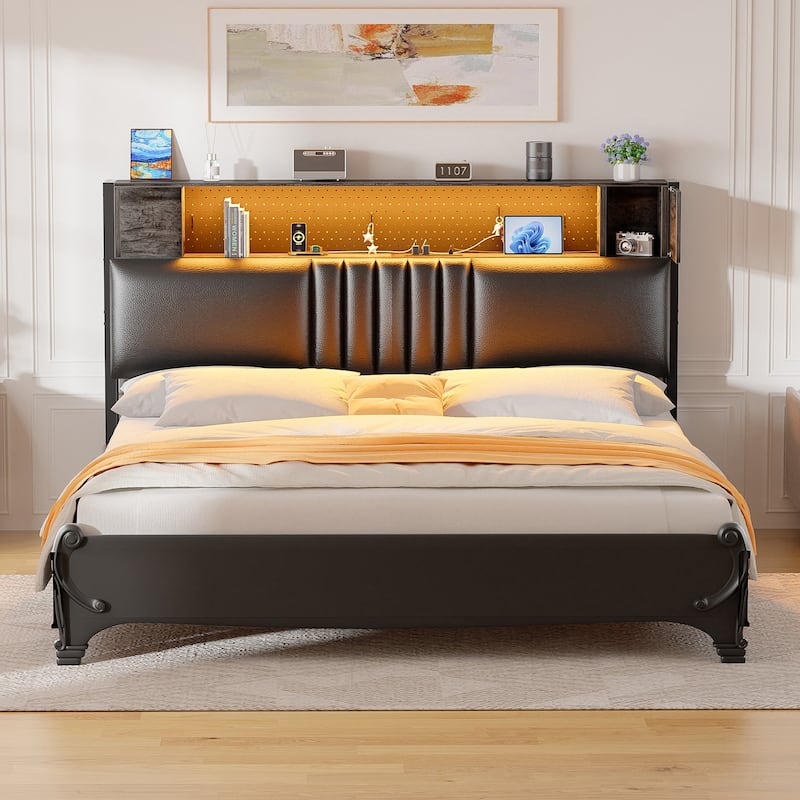 Upholstered Headboard with Storage Shelf and Small Cabinet, Headboard Power Outlet and LED Light - Grey Oak - Full
