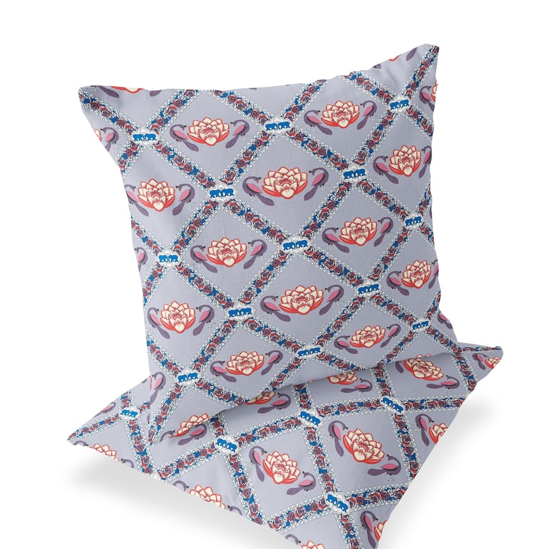 HomeRoots Set of Two 16" X 16" Blue and Gray Peacock Blown Seam Floral Indoor Outdoor Throw Pillow - 16.00' X '16.00' X '5.00