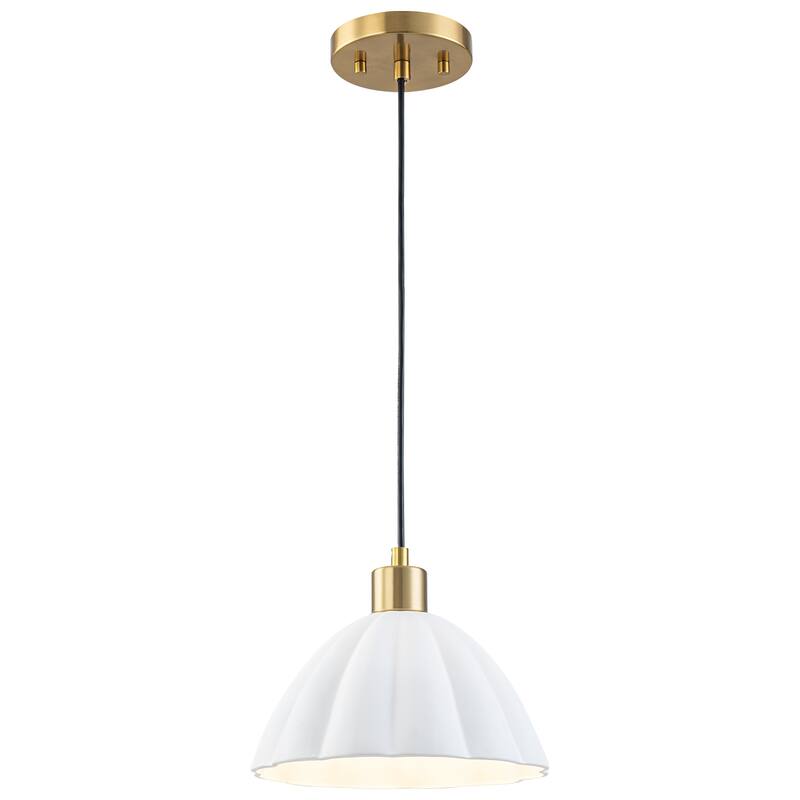 1-Light Pendant Light with Fluted White Ceramic Dome & Brass Accents - Dia.9.65-in