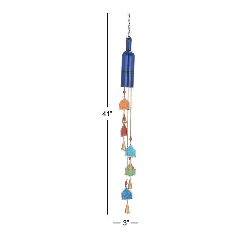 Glass Bottle Windchime with Beads and Cone Bells - Blue - Roche River Decor