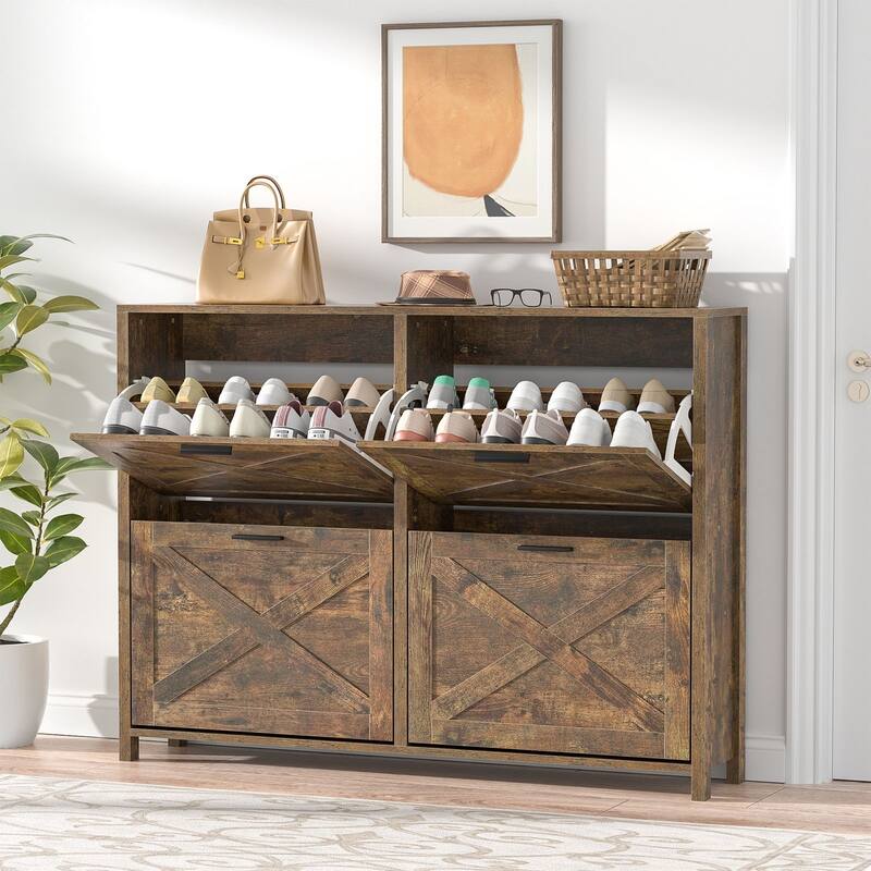 Farmhouse Shoe Cabinet with 4 Flip Drawers - Entryway Shoe Storage