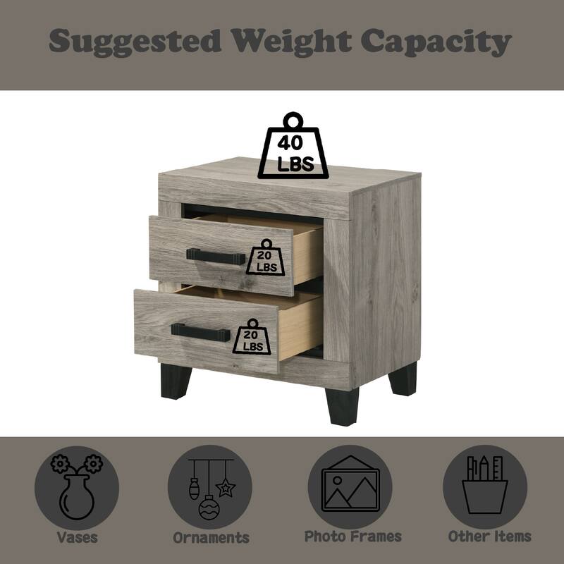 Light Gray Wooden Nightstand with 2 Storage Drawers and Metal Glides