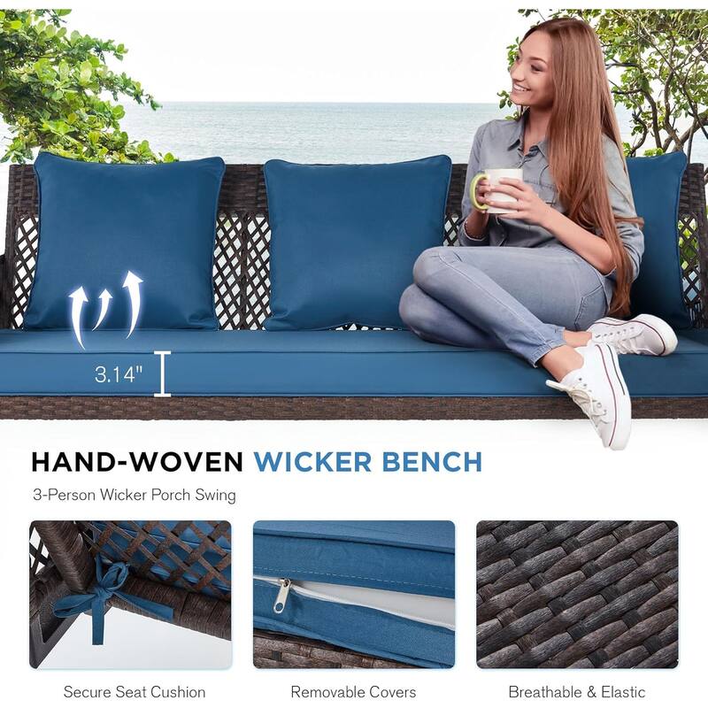 Outdoor 3-Seat Porch Swing with Adjustable Canopy & Cup Holder,Porch Swing Glider Chair, Heavy-Duty Steel Frame
