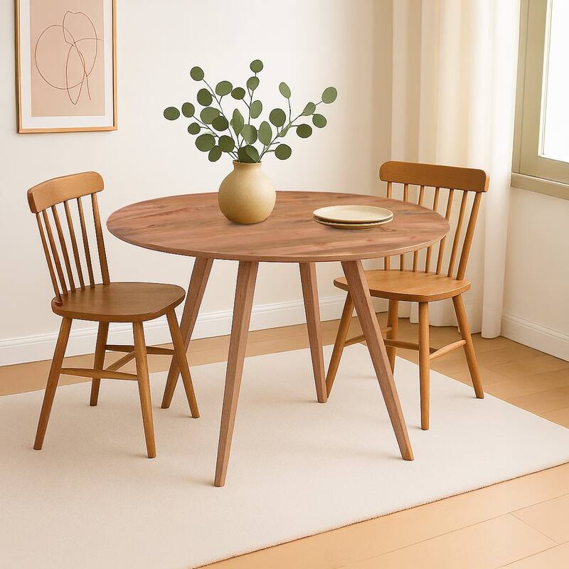 Temi Dining Table 47" Round Top Handmade Natural Brown Mango Wood Angled Four Legged Base