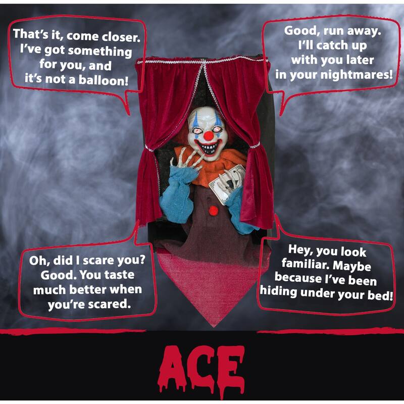 Haunted Hill Farm Animatronic Clown, Indoor/Outdoor Halloween Decoration, Flashing Red Eyes, Talking, Battery-Operated