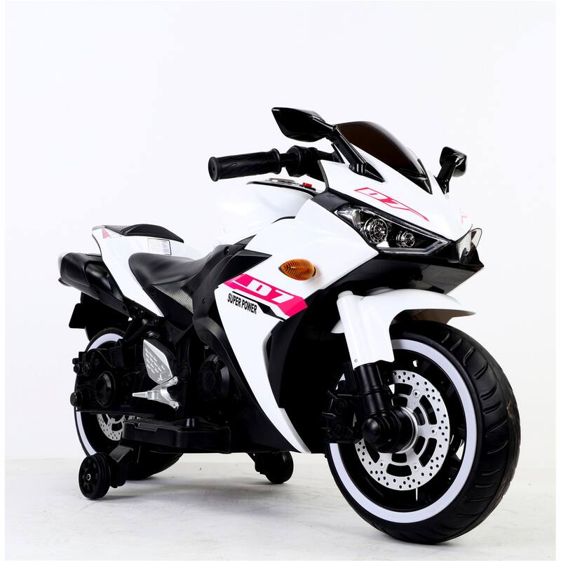 Electric Kids Motorcycle Ride-On Toy with Training Wheels, Music, and Foot Brake for Ages 3+