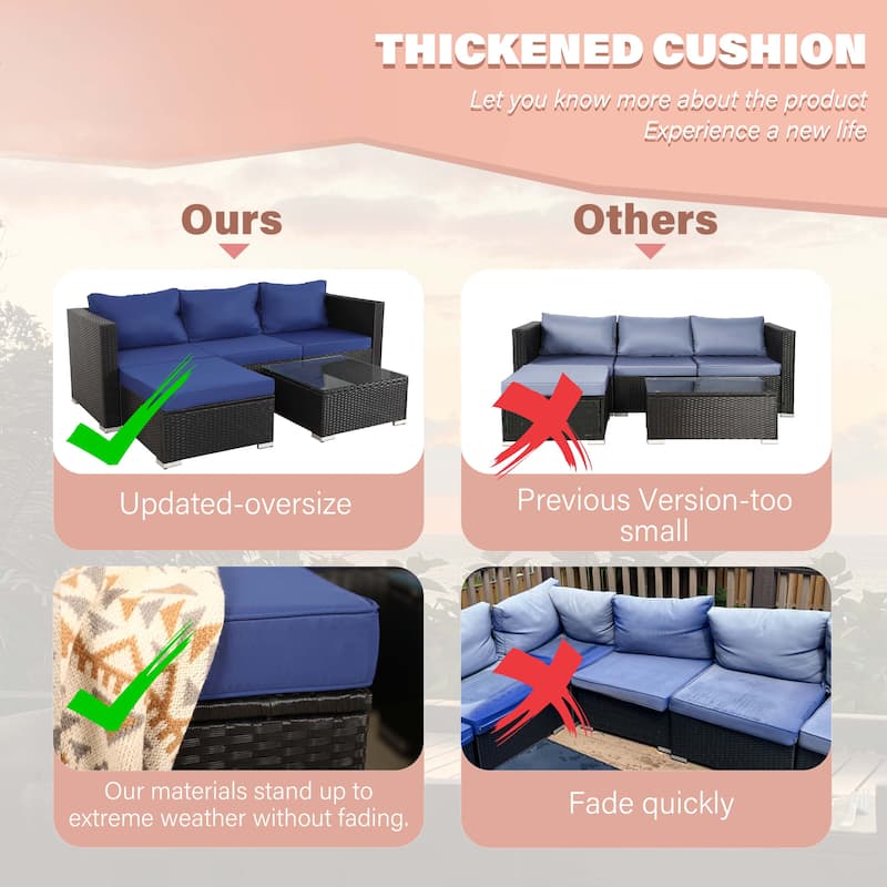 Vrakae Oversize 5 Piece Outdoor Patio Rattan Wicker Sectional Set