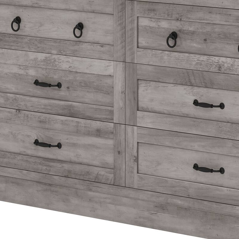 Moasis 59 Inch Farmhouse 6 Drawer Dresser for Bedroom Storage Organizer with Wood Finish and Metal Handles