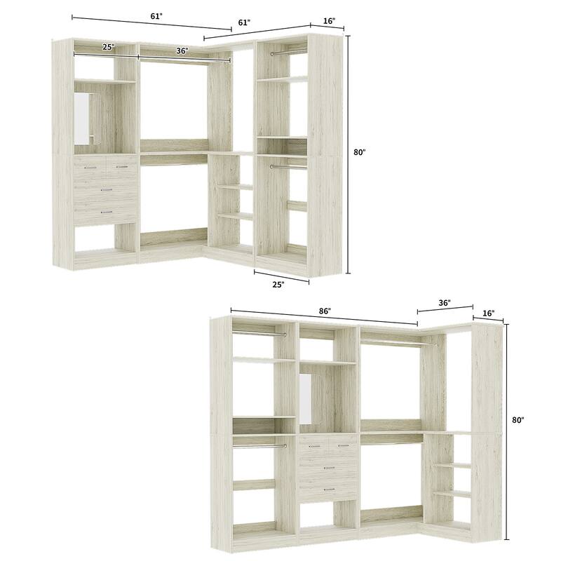 Cimly Set of 3 Corner Closet System with Hanging Rods, Space-saving Closet Organizer with Mirror