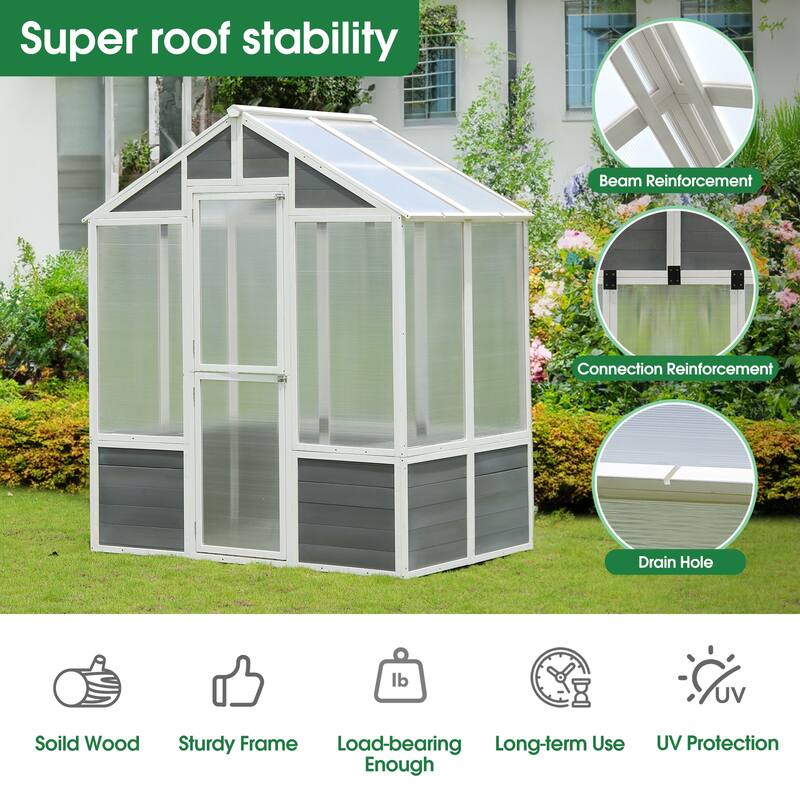 Greenhouse, Wooden Greenhouse Polycarbonate Garden Shed for Plants, Grow House with Front Entry Door