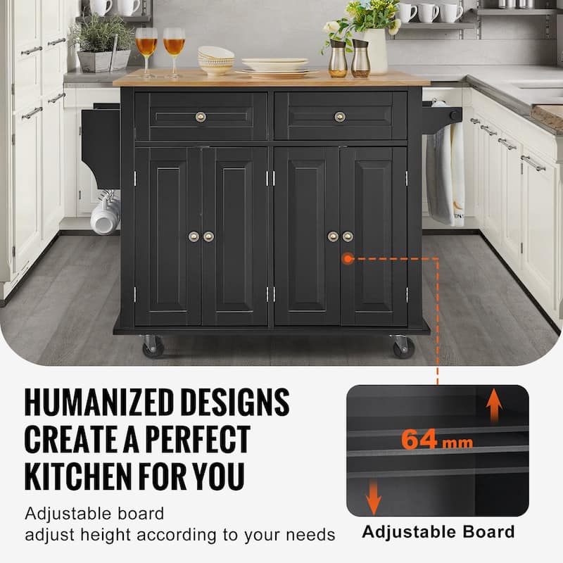 Black Kitchen Island Cart Rolling Storage Cabinet on Wheel with 2 Drawer and 2 Adjustable Shelves - 43x28x32 inch