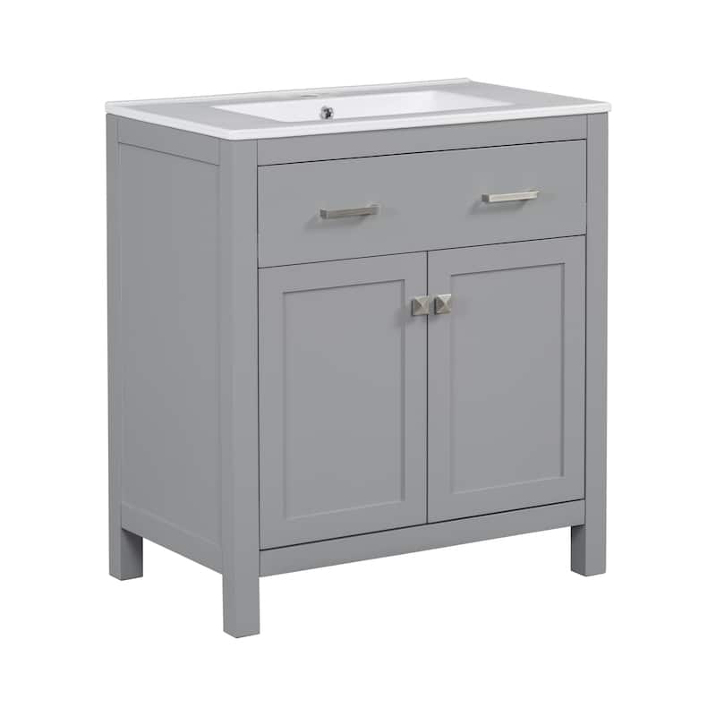 30" Bathroom Vanity with Ceramic Sink, Modern Single Bathroom Cabinet with 2 Doors and a Shelf, Soft Close Doors