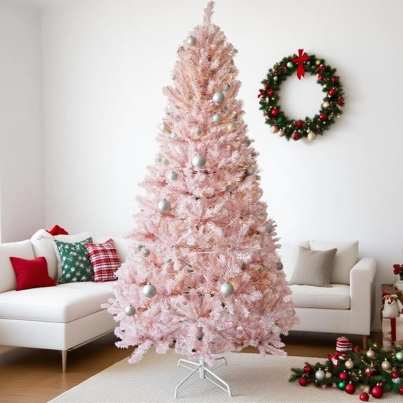 6.5 Ft Prelit Artificial Christmas Tree, Xmas Decoration for Living Room Hallway Office - 6.5 ft - Pink
