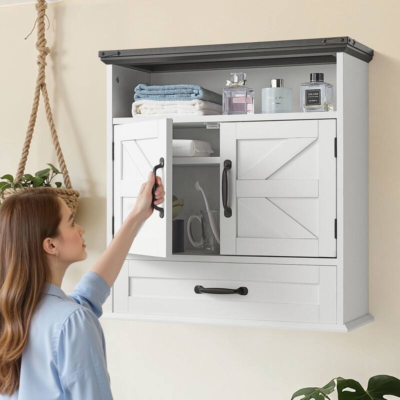 White Multi-Layer Bathroom Wall Cabinet with Adjustable Storage Shelves and 1 Drawer - 24” x 9” x 25”