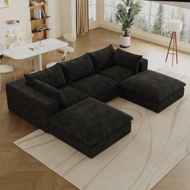 Modular Deep Seat Couch U-shaped Sectional Sofa with Chaise Lounge Corduroy Upholstered Sleeper Sofa Bed with Ottomans - Black