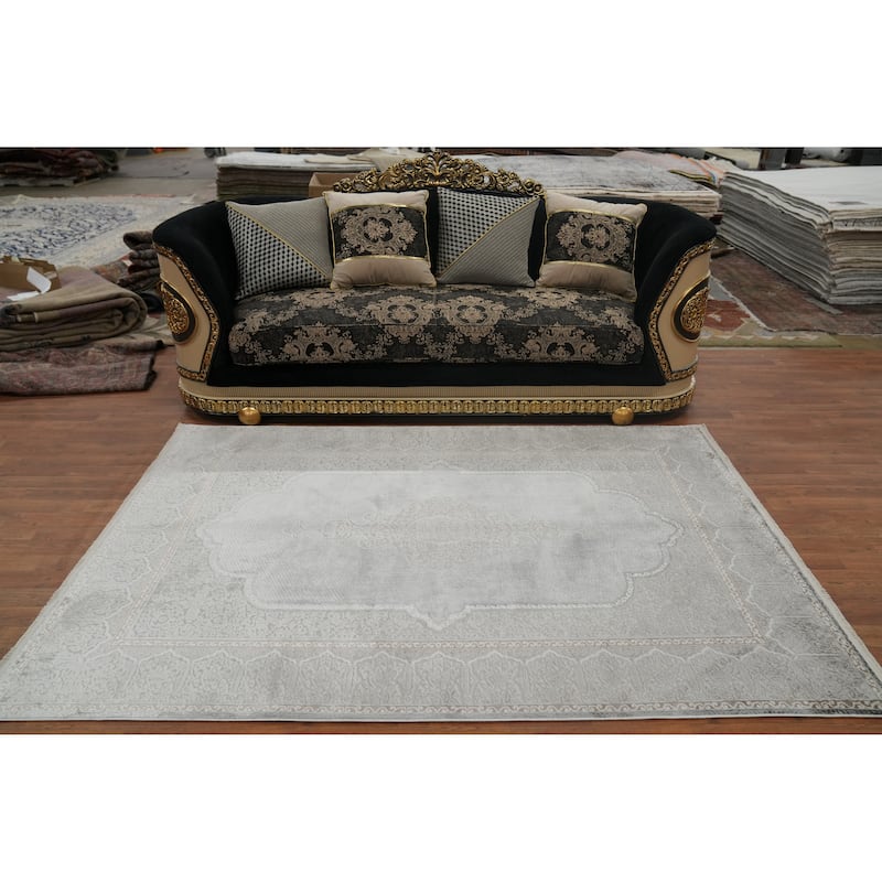 Machine Made Oriental Polyester Carpet Traditional Medallion Greys & Charcoal Tabriz Area Rug - 7' 5'' X 5' 2''