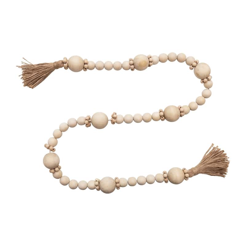 Wood Bead Garland with Jute Tassels - White - 48.0"L x 1.5"W x 1.5"H - White - 48.0"L x 1.5"W x 1.5"H