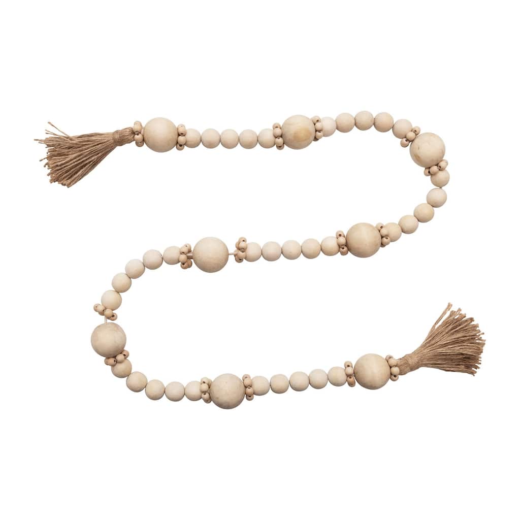 Wood Bead Garland with Jute Tassels - White - 48.0"L x 1.5"W x 1.5"H