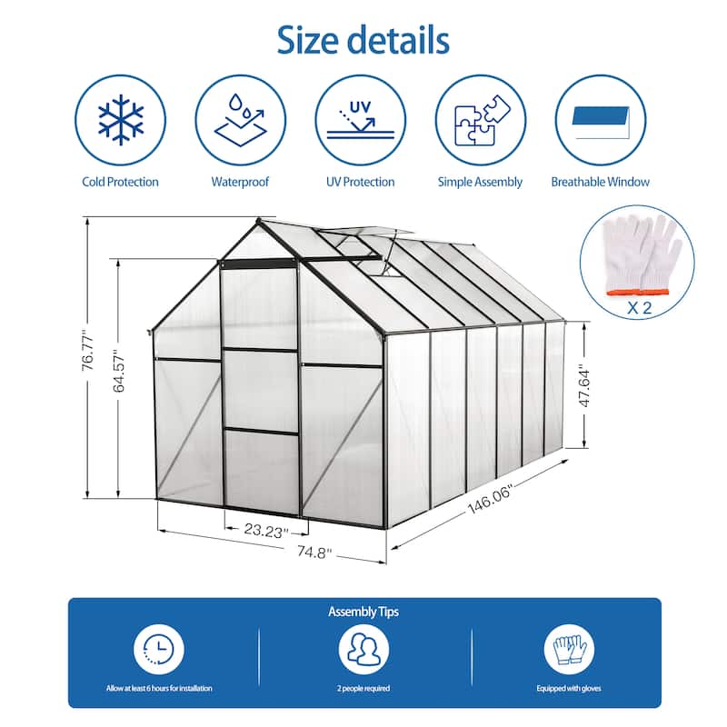 GDF Studio - Laussat Outdoor Aluminum Polycarbonate Greenhouse with Raised Base and Walk-In Design