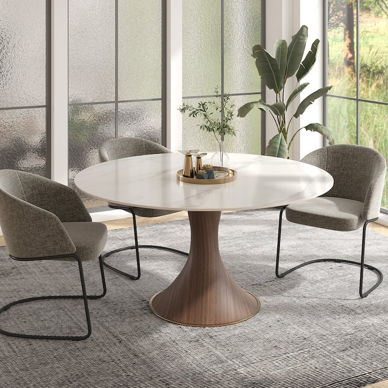 Modern Round Stone Top Black Woodgrain Pedestal Dining Table