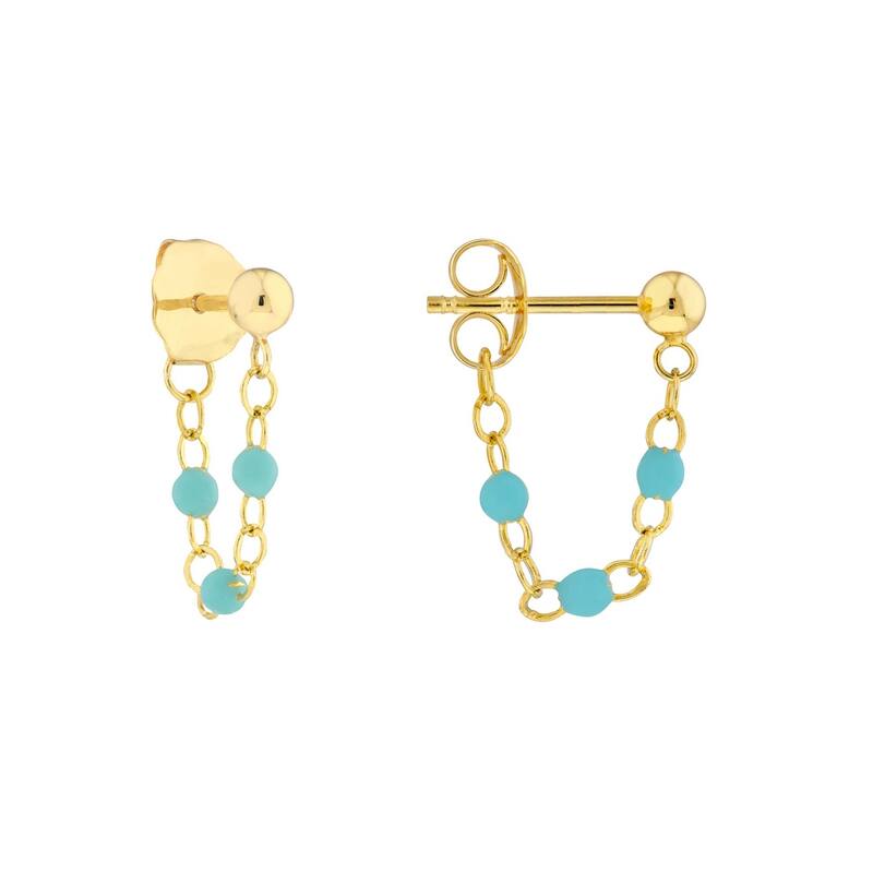 Curata 14k Yellow Gold Front To Back 3 Beads Blue Enamel Earrings
