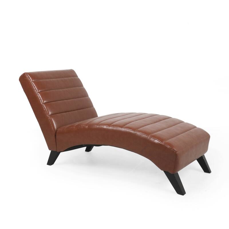 Roomfitters Modern Faux Leather Chaise Lounge with Curved Seat and Padded Channel Tufting, Light Brown