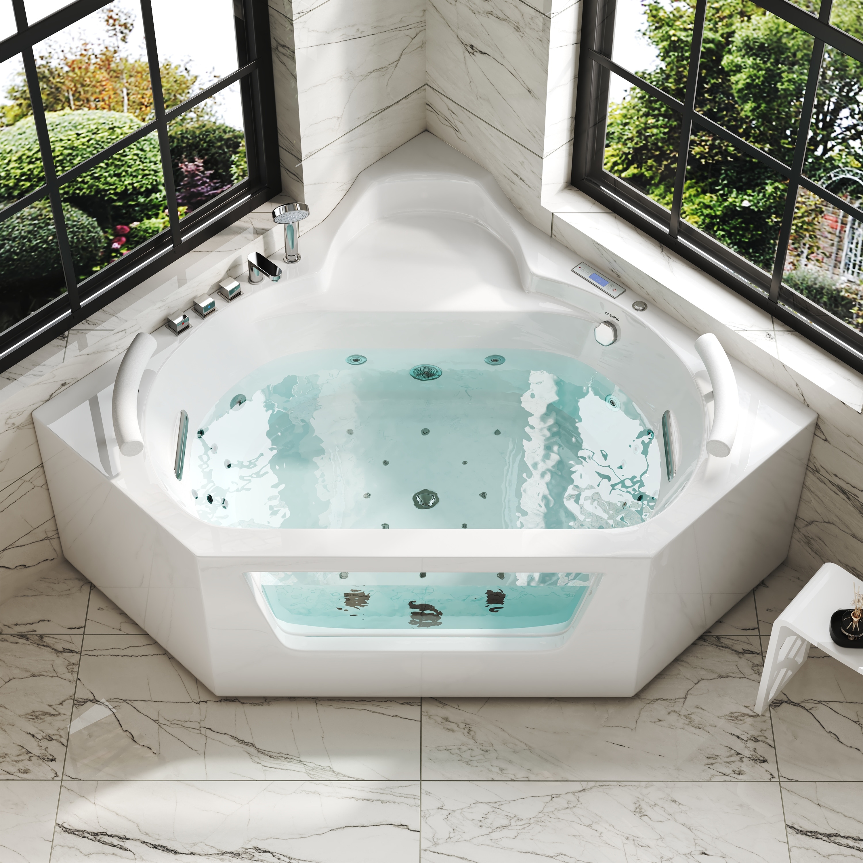 62 in. Corner Whirlpool & Air Bath Massage Bathtub for Two with Hydrotherapy Jets, Chromatherapy LED Lighting, and Headrests