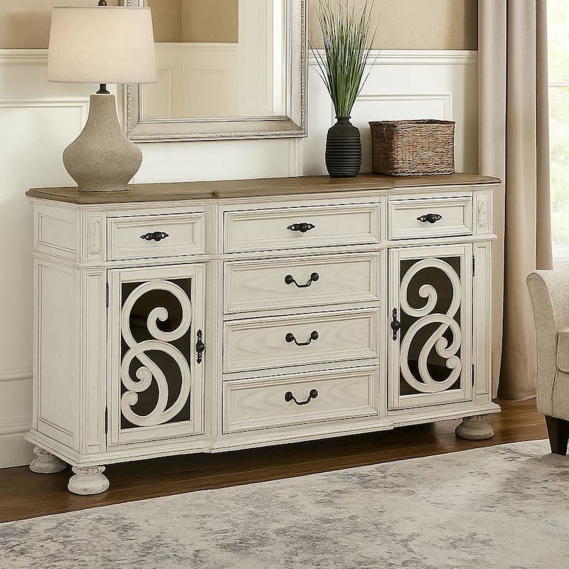 Server With Intricate Wood Inlay Details, Antique White