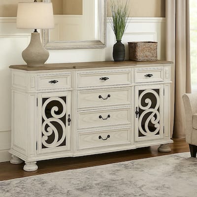 Server With Intricate Wood Inlay Details, Antique White