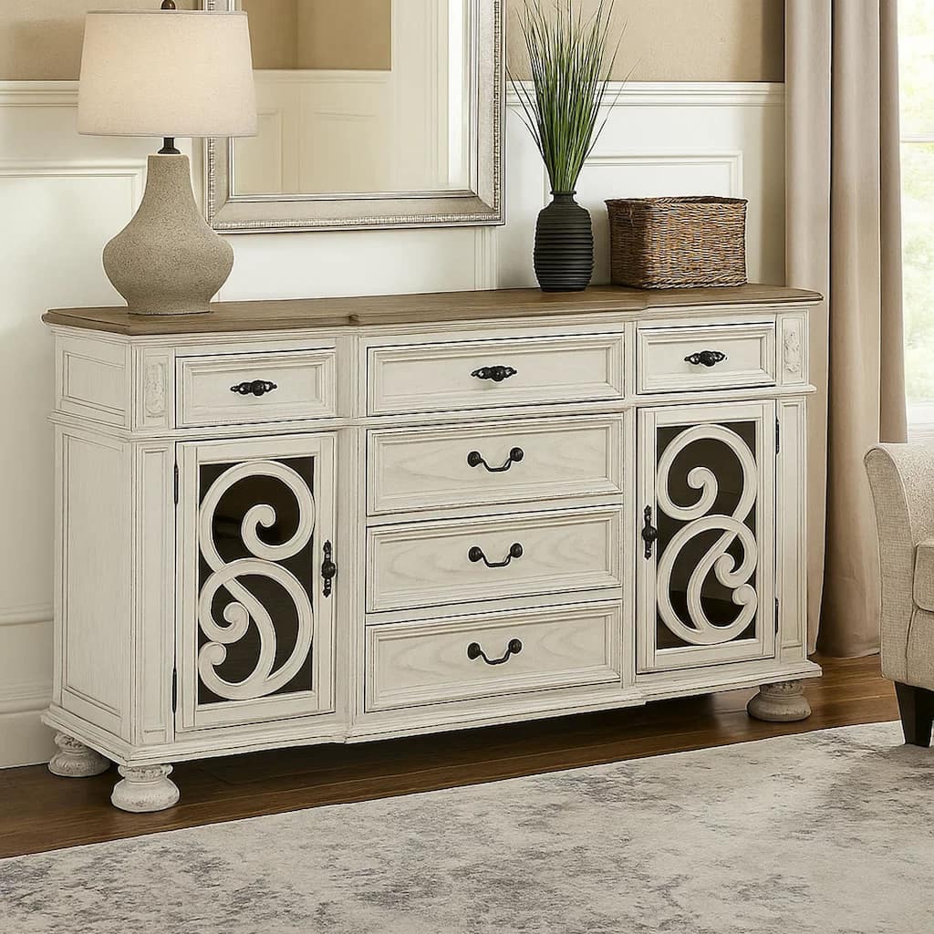 Server With Intricate Wood Inlay Details, Antique White