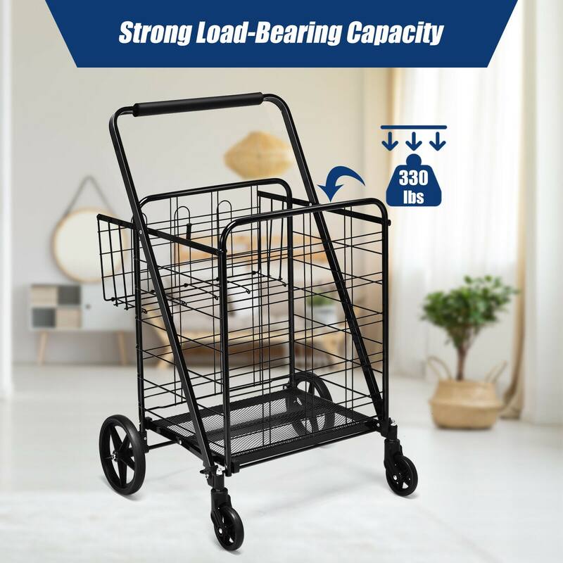 Multi-Purpose Foldable Grocery Cart with 360 Degree Front Wheels and Large Basket and Back Storage - 25" x 25" x 40"(L x W x H)