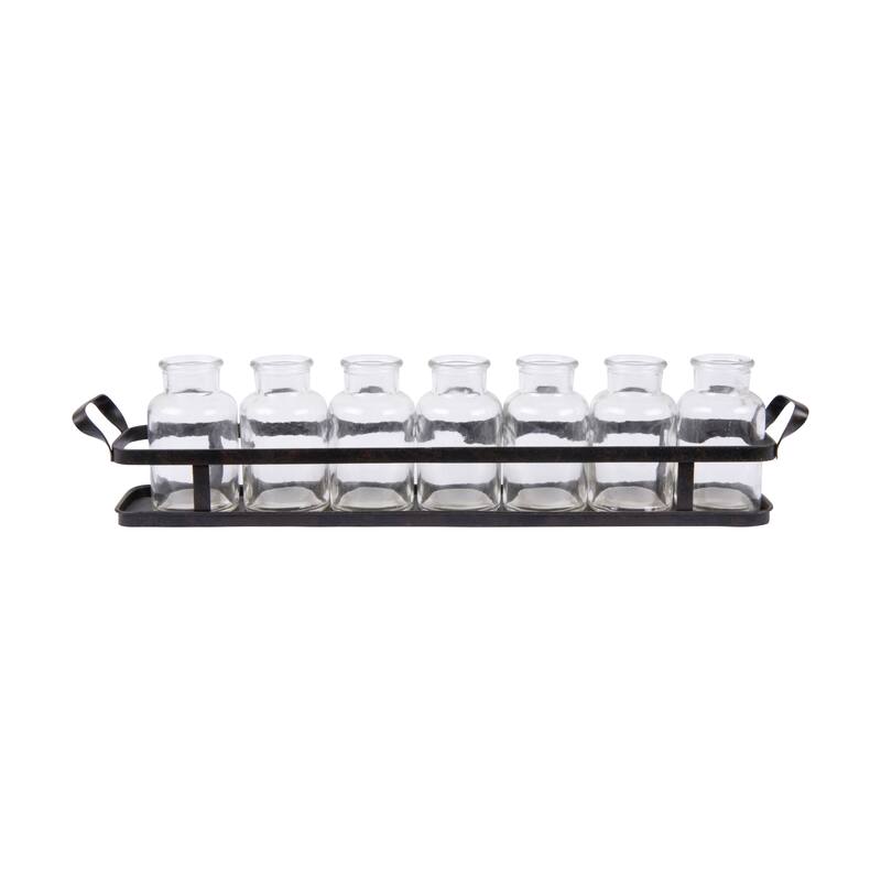 7 Glass Bottles on Metal Tray with Handles