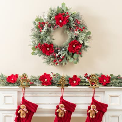 Glitzhome Christmas Red Mangnolia & Berry Wreath Garland Teardrop Hanging Decor
