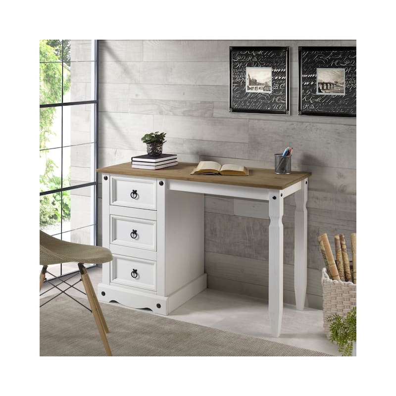 Vanity Desk - Solid Pine Wood Desk with Dovetail Drawers & Honey Brown Top