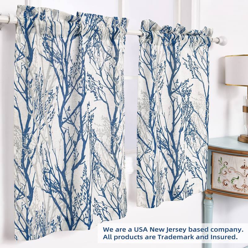 DriftAway Tree Branch Linen Blend Botanical Pattern 3 Pieces Semi Sheer Kitchen Set