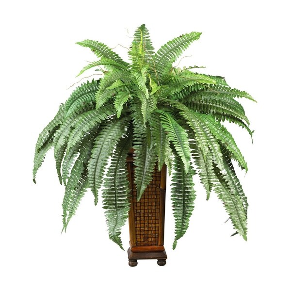 Nearly Natural Boston Fern with Decorative Wood Vase Silk Plant Green
