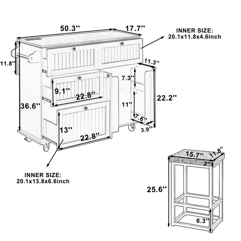 Farmhouse Kitchen Island on Wheels with Drop Leaf, 2 Seating & Power Outlet
