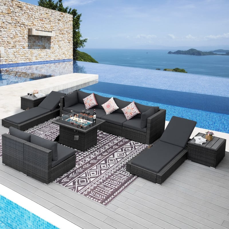 FINCATI Outdoor High-back Wicker Patio Sectional Set, 500 lbs Luxury Oversized Conversation Set, Spacious Couch Set - 11 Pieces-A - Dark Grey