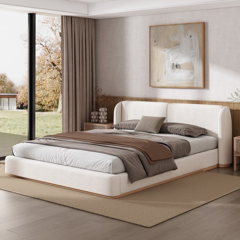White Low Profile Platform Bed Ground Bed Boucle Frame with Upholstered Wingback Headboard