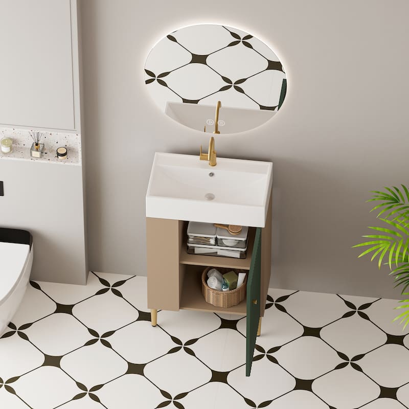 Small Bathroom Vanity with Sink, Narrow Depth Bathroom Vanities, Bathroom Cabinet with Open Side Shelves & Soft Closing Door