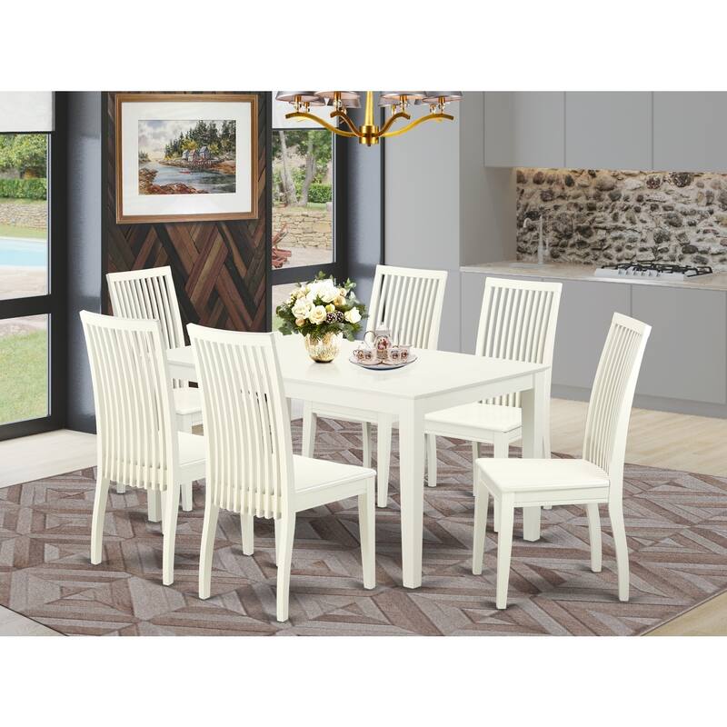HomeStock 7-Pc Linen White Finish Solid Wood Top Dining Table with 6 Chairs