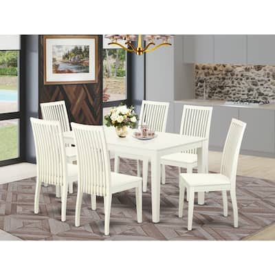 HomeStock 7-Pc Linen White Finish Solid Wood Top Dining Table with 6 Chairs