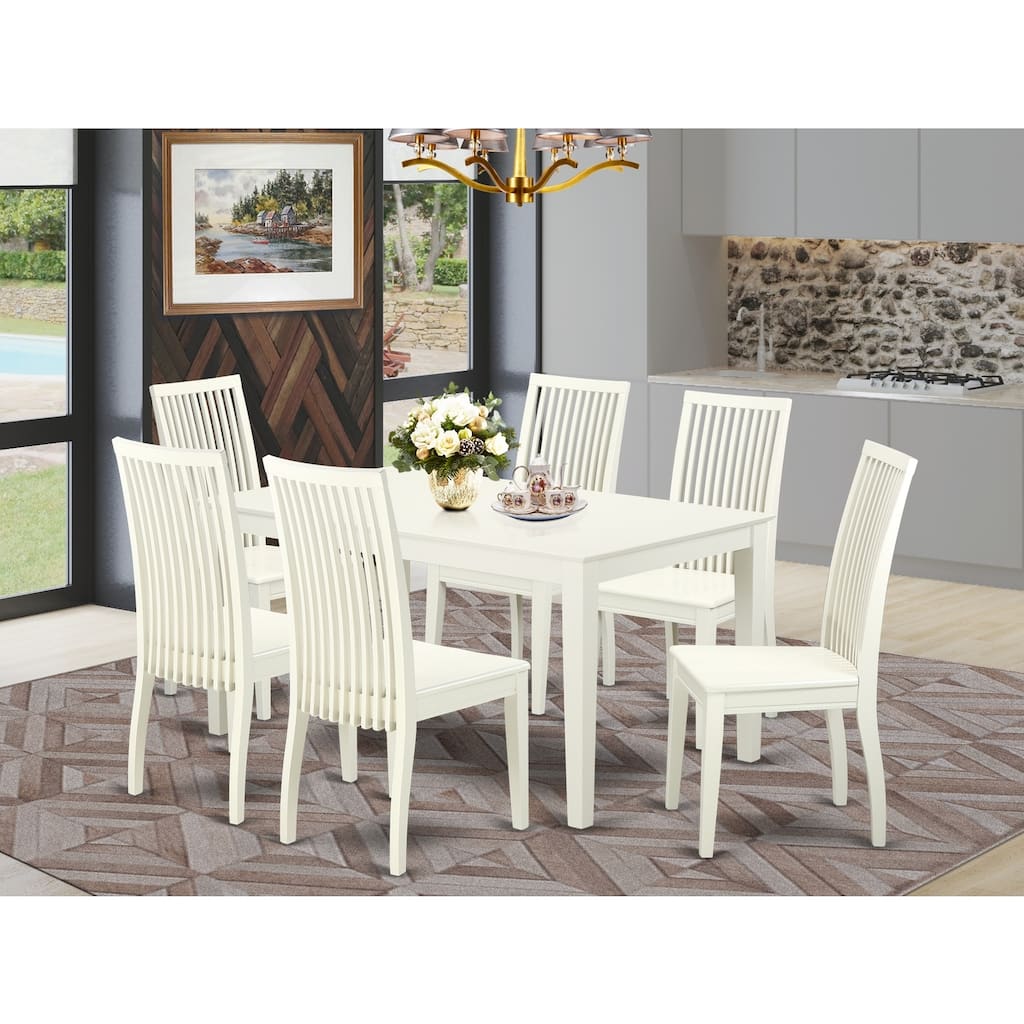 HomeStock 7-Pc Linen White Finish Solid Wood Top Dining Table with 6 Chairs