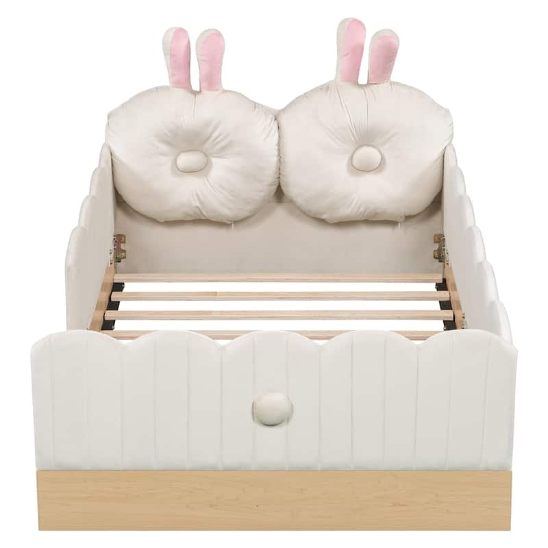 Twin Size Upholstered Bed with Bunny Ear Shape Pillows and Rabbit Tail Footboard, Storage Bags, Wave Frame Platform Bed