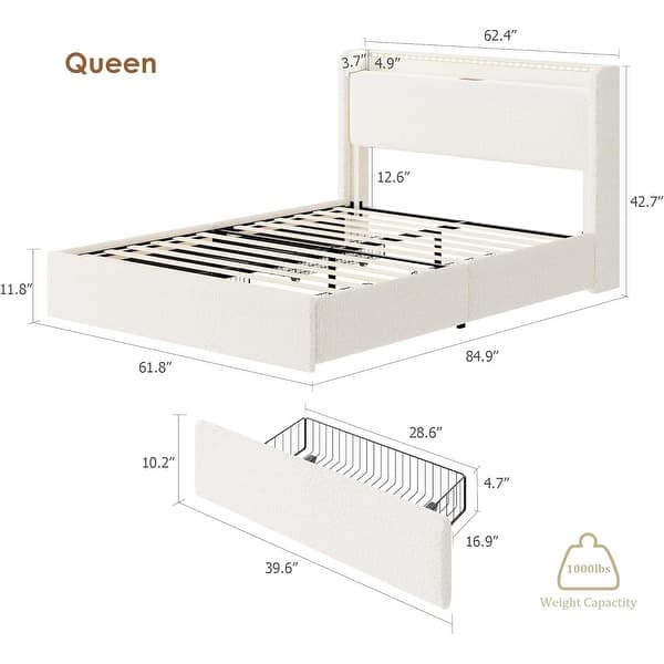 dimension image slide 4 of 6, Boucle Bed Frame with Storage Headboard, Upholstered Platform Low Profile Bed Frame with 4 Storage Drawers