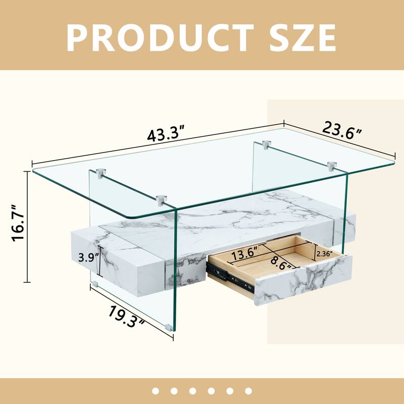 43.3 Inch Modern Two-Tier Coffee Table - Clear Tempered Glass and White Marble Texture, Multifunctional Storage Design.T