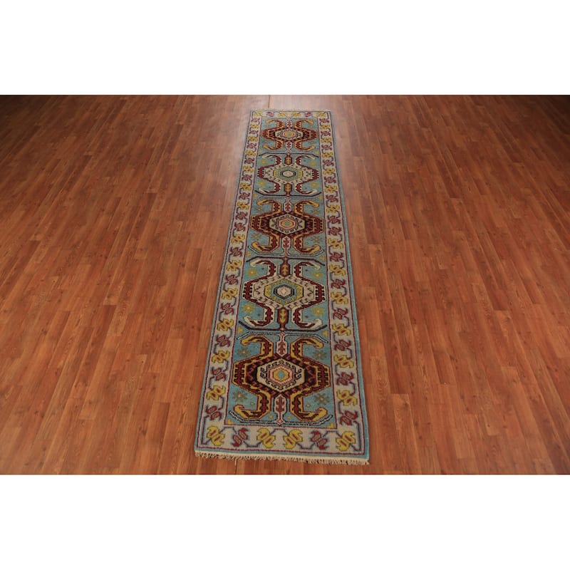 Light Blue Geometric Kazak Indian Runner Rug Handmade Wool Carpet - 2'6"x 9'11"