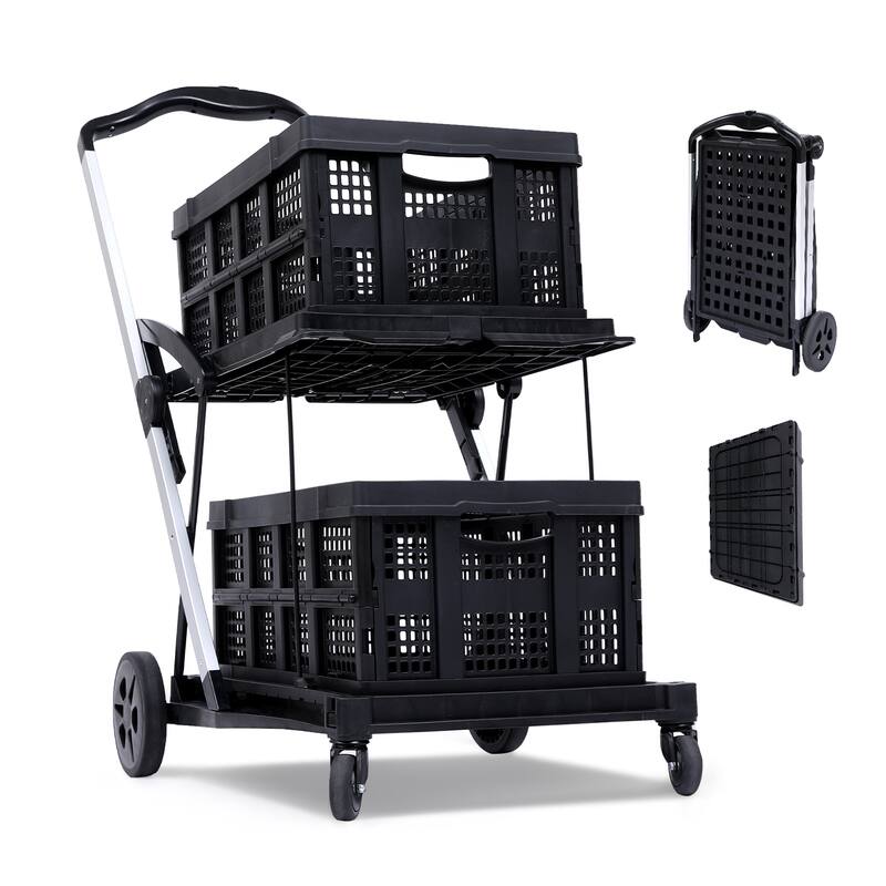 Multi-use Functional Collapsible Carts, Mobile Folding Trolley, Shopping cart with Storage Crate - 2 basket